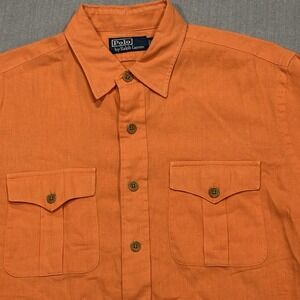 Polo Ralph Lauren Linen Blend Button Up Shirt Mens Large Orange Work Pockets